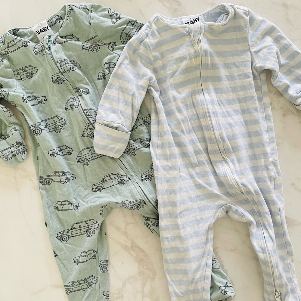 Cotton On Baby Zip-Up Pajamas Set in Green and White Patterns Two-way Zipper